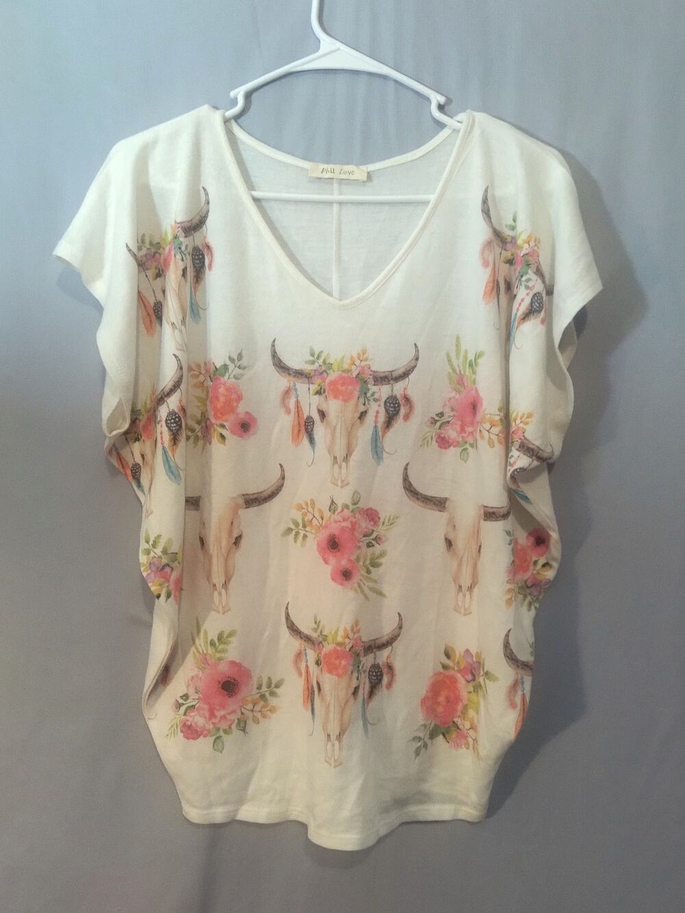 Phil Love Bull Skulls and Flowers Knit Top